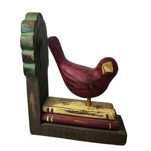 Foreside Carved Wood Folk Art Bird Figure Distressed Red Book End Decor